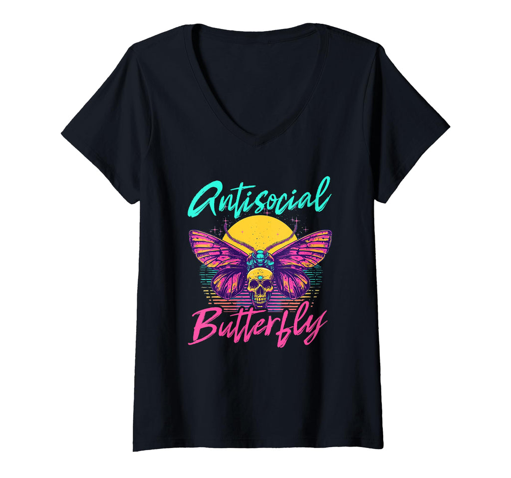 Womens Antisocial Butterfly V Neck T-Shirt - Custom Art Print for Adults - T-Shirt, Sweatshirt, Hoodie