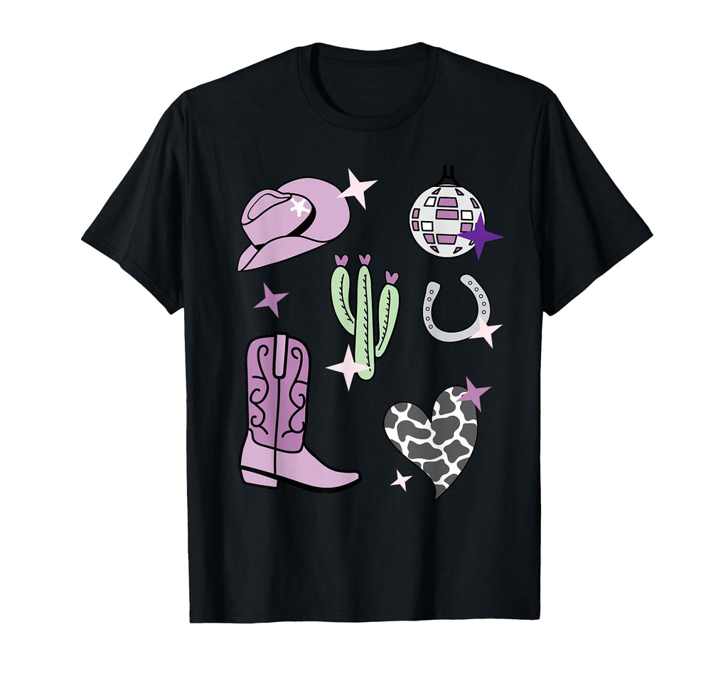 Cowboy Hat Boot Disco Ball Pattern Lilac T-Shirt - Novelty Apparel Unisex - T-Shirt, Sweatshirt, Hoodie
