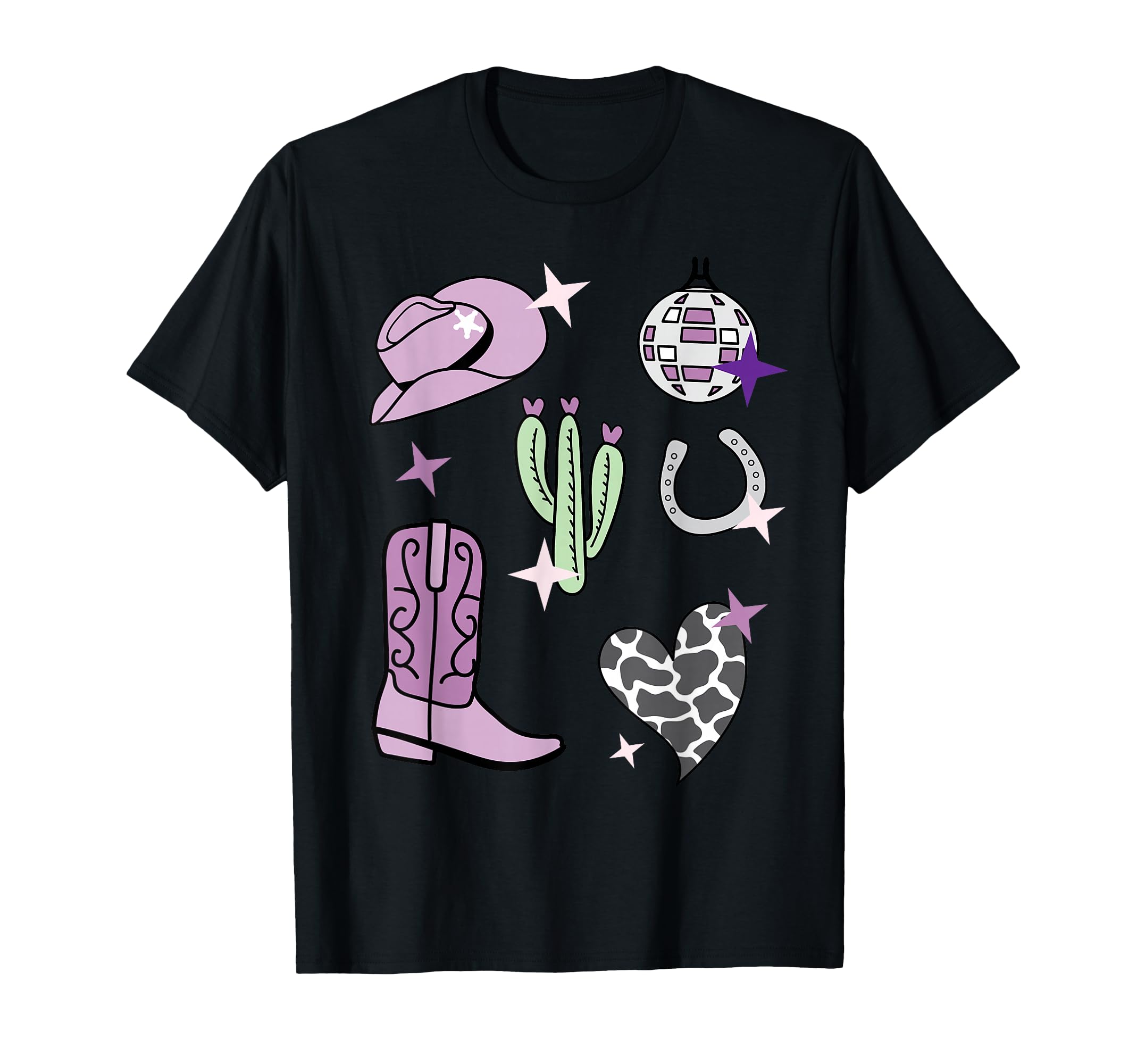 Cowboy Hat Boot Disco Ball Pattern Lilac T-Shirt - Novelty Apparel Unisex - T-Shirt, Sweatshirt, Hoodie
