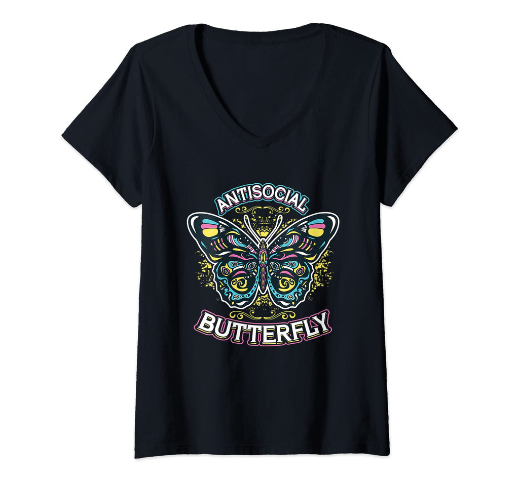 Womens Antisocial Butterfly V Neck T-Shirt - Streetwear Style for Adults - T-Shirt, Sweatshirt, Hoodie