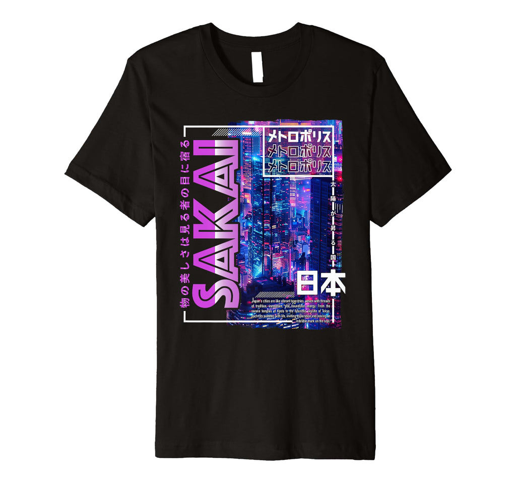 Sakai City 80S Synthwave Skyline T-Shirt - Fun Novelty Design for Adults - T-Shirt, Sweatshirt, Hoodie
