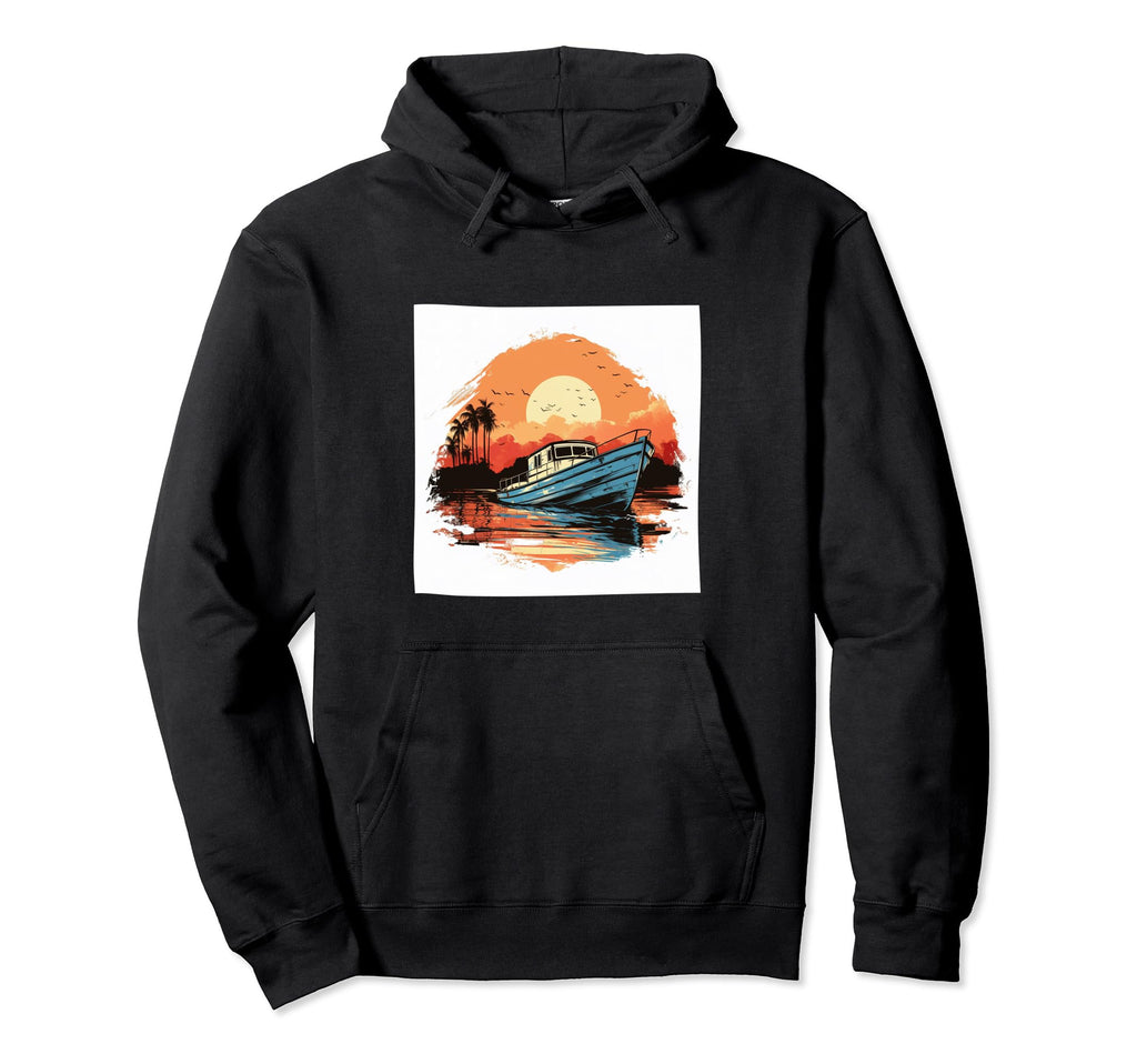 Boat Birds Palm Trees Distressed Hoodie - Casual Everyday Wear for Adults - T-Shirt, Sweatshirt, Hoodie