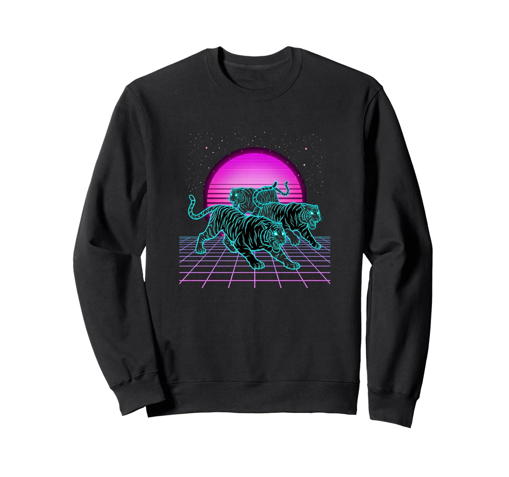 Three Running Tigers Retrowave Sweatshirt - Minimalist Print for Adults - T-Shirt, Sweatshirt, Hoodie