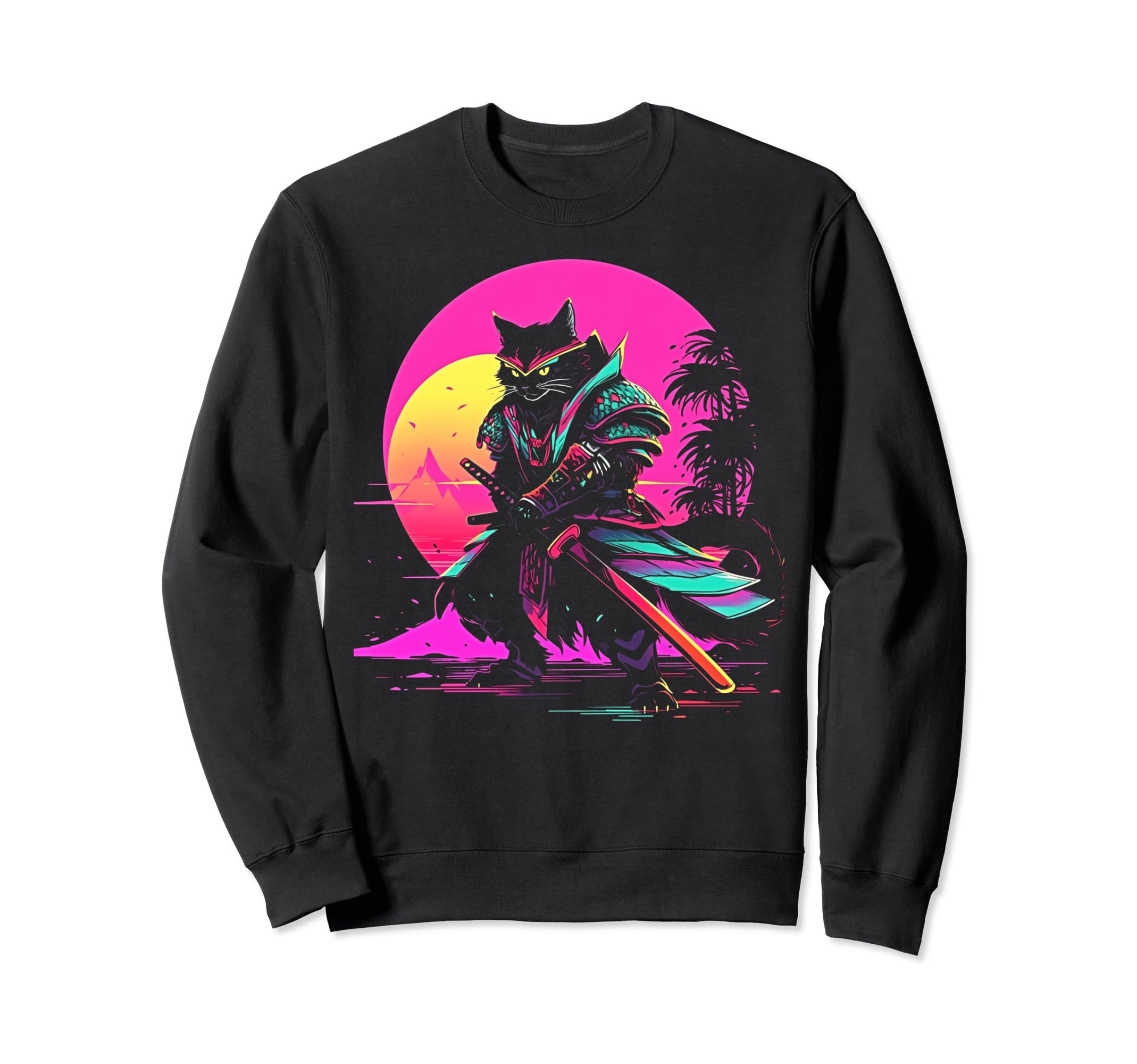 Synthwave Cat Samurai Mediation Sweatshirt - Graphic Print Men Women - T-Shirt, Sweatshirt, Hoodie