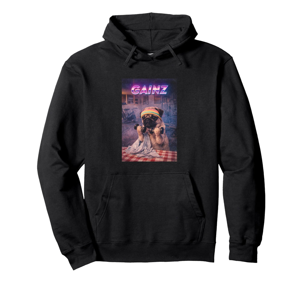 Pug Dog Workout Gainz 80S Fitness Lover Hoodie - Minimalist Print Men Women - T-Shirt, Sweatshirt, Hoodie