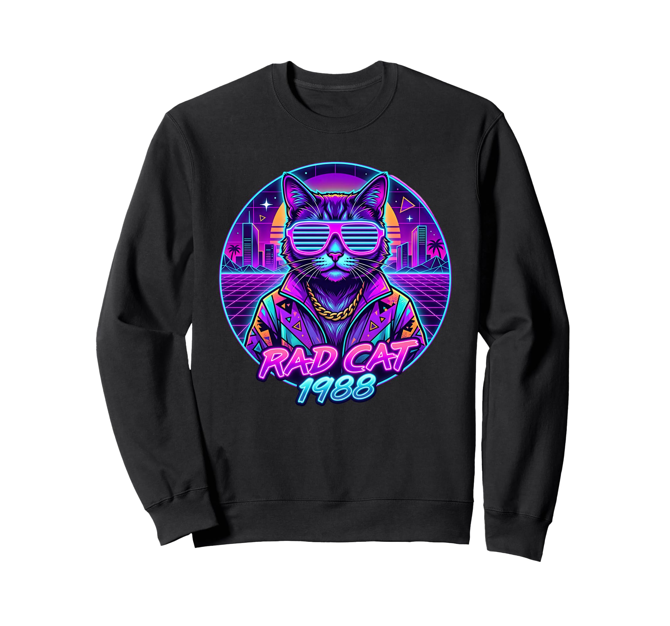 Synthwave Kitten 80S Cat Lover Sweatshirt - Unique Graphic Unisex - T-Shirt, Sweatshirt, Hoodie