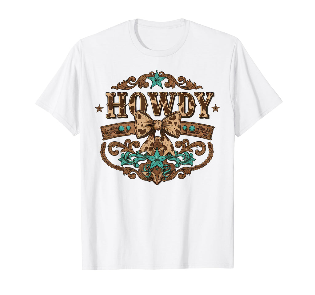 Turquoise Cowhide Howdy Cowgirl Bow T-Shirt - Fun Novelty Design Unisex - T-Shirt, Sweatshirt, Hoodie