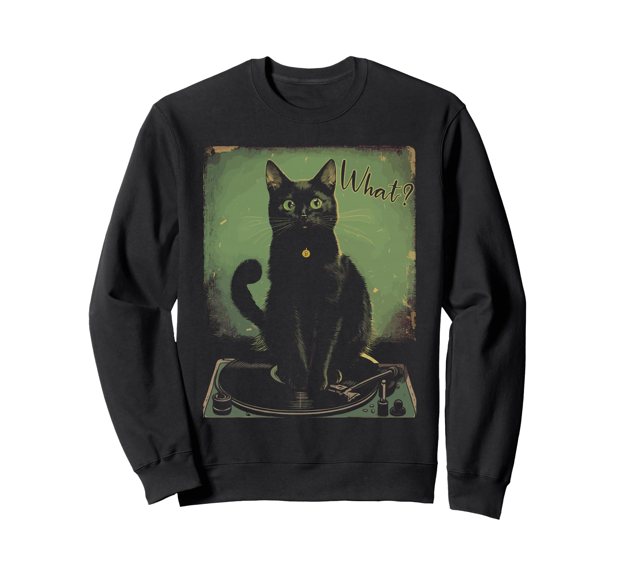 Black Cat Sitting Vinyl Record Sweatshirt - Minimalist Print Men Women - T-Shirt, Sweatshirt, Hoodie