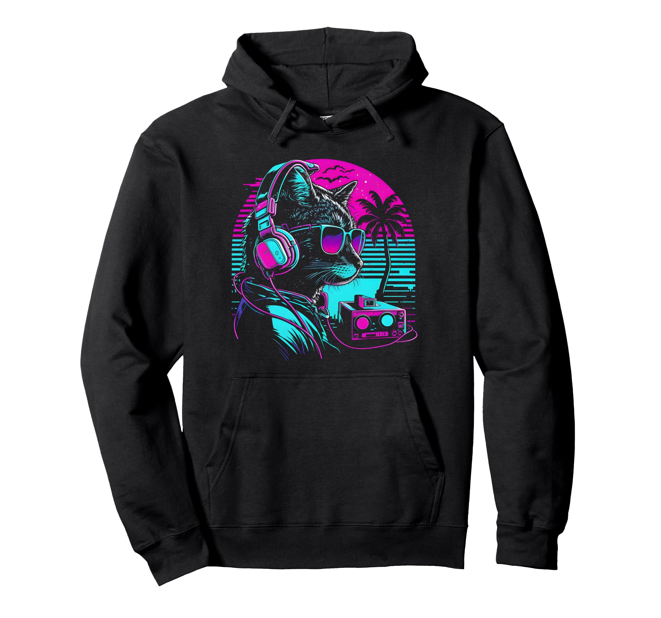 House Dj Cat 80S 90S Kitten Sunset Hoodie - Casual Everyday Wear Unisex - T-Shirt, Sweatshirt, Hoodie
