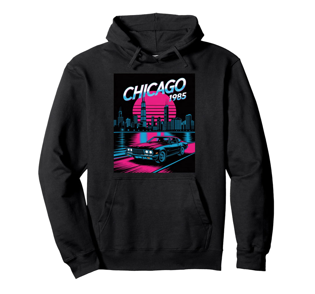 Chicago 1985 Muscle Car Skyline Hoodie - Unique Graphic for Adults - T-Shirt, Sweatshirt, Hoodie