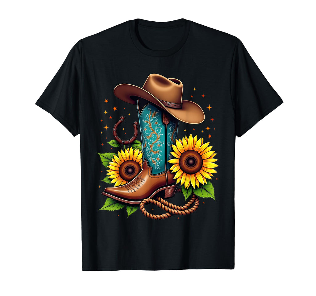 Western Cowboy Boot Sunflower Horseshoe T-Shirt - Aesthetic Graphic Unisex - T-Shirt, Sweatshirt, Hoodie