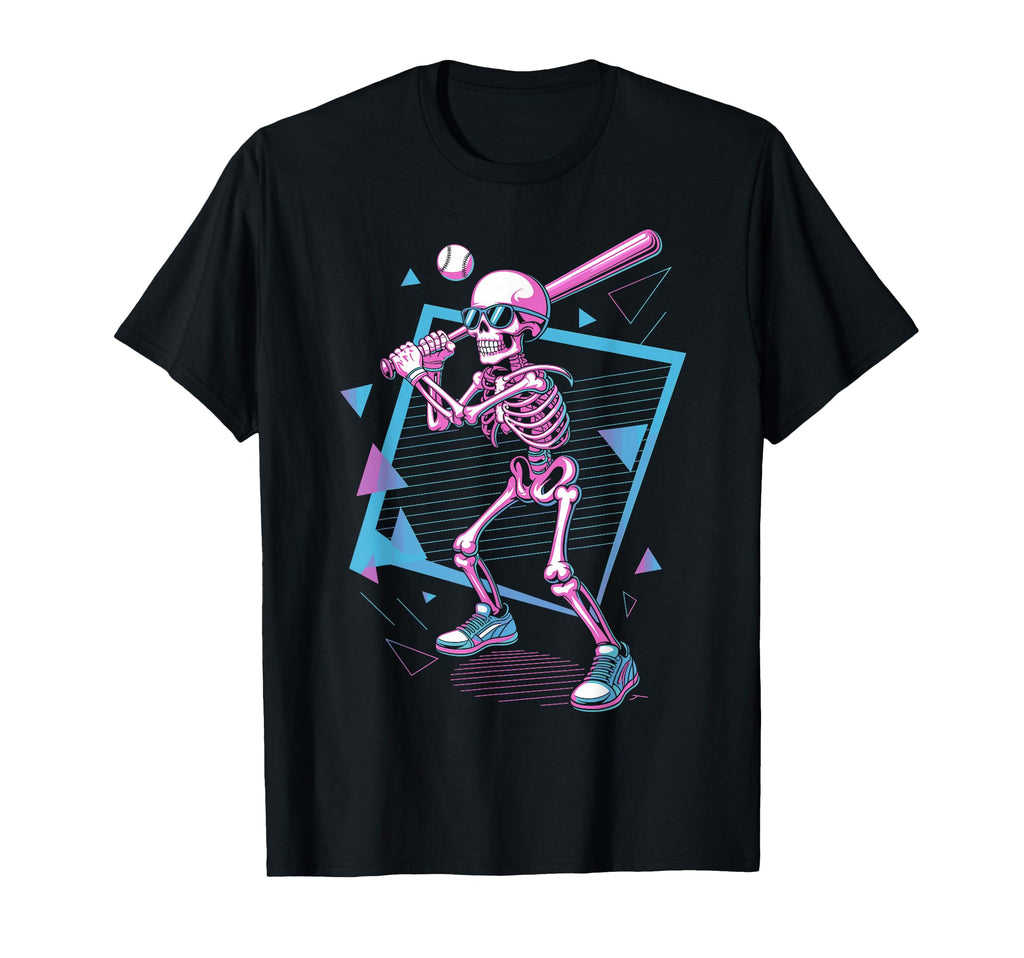 80S Skeleton Baseball Synthwave Batter T-Shirt - Custom Art Print Men Women - T-Shirt, Sweatshirt, Hoodie