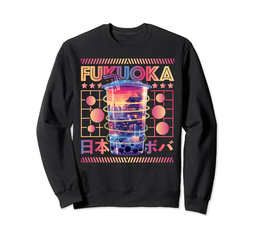 Fukuoka City 80S Synthwave Boba Sweatshirt - Fun Novelty Design for Adults - T-Shirt, Sweatshirt, Hoodie