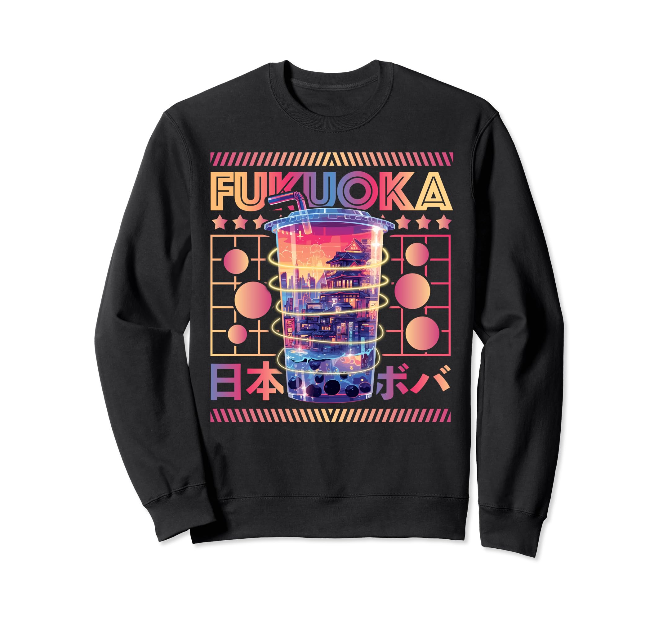 Fukuoka City 80S Synthwave Boba Sweatshirt - Fun Novelty Design for Adults - T-Shirt, Sweatshirt, Hoodie