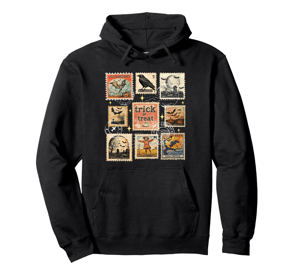 Halloween Postage Stamp Collage Hoodie - Trendy Graphic Unisex - T-Shirt, Sweatshirt, Hoodie