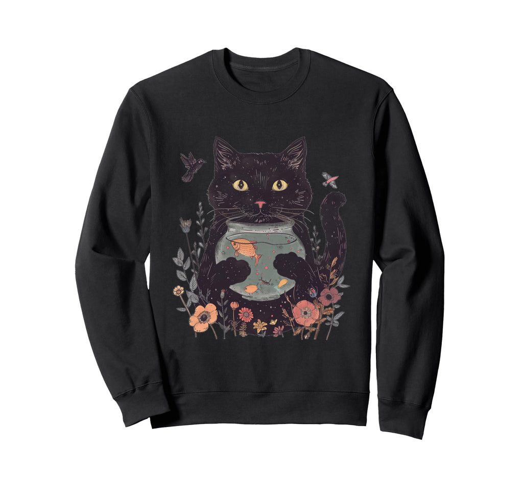 Black Cat Holding Fishbowl Floral Sweatshirt - Unique Graphic for Adults - T-Shirt, Sweatshirt, Hoodie