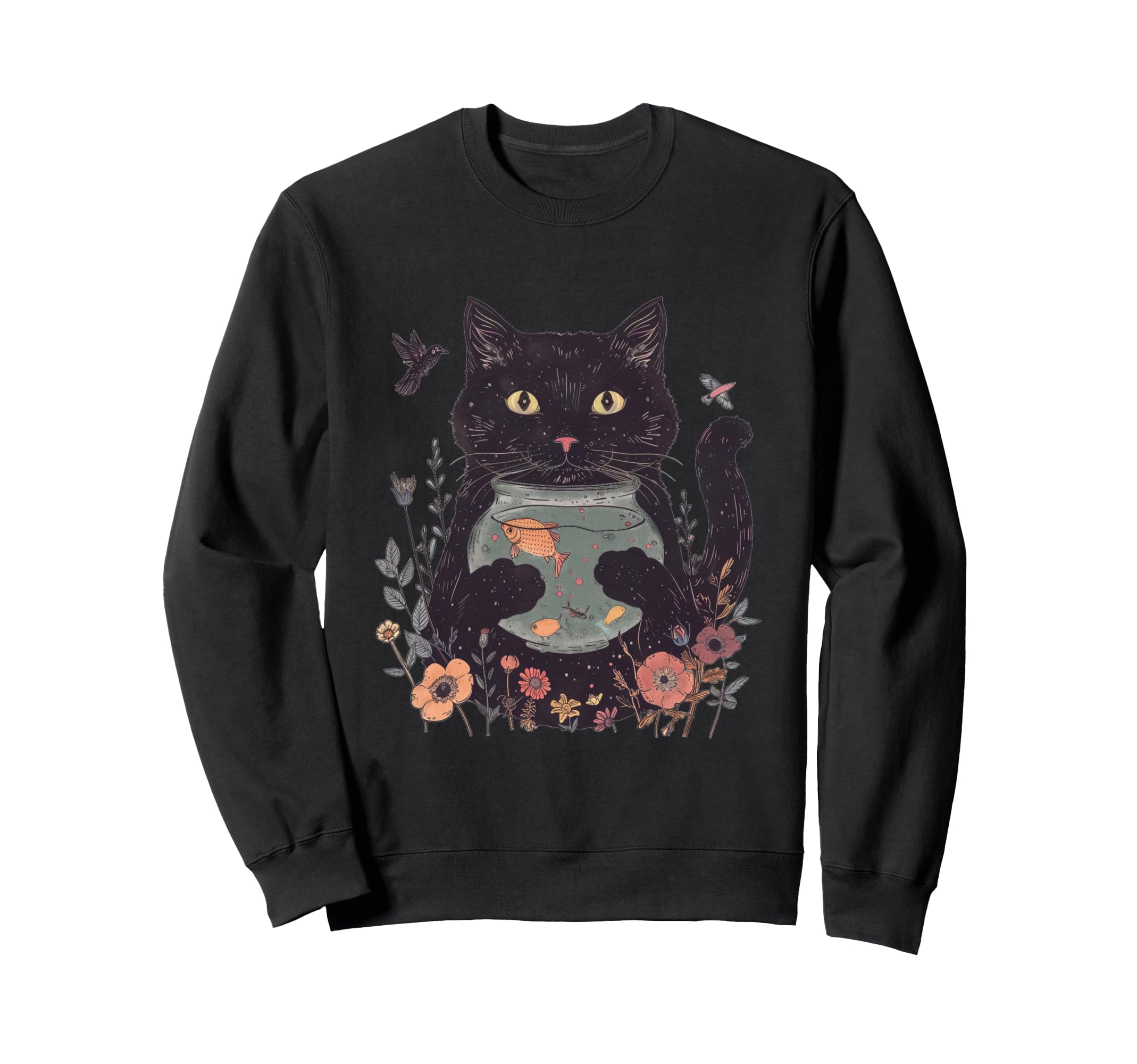 Black Cat Holding Fishbowl Floral Sweatshirt - Unique Graphic for Adults - T-Shirt, Sweatshirt, Hoodie