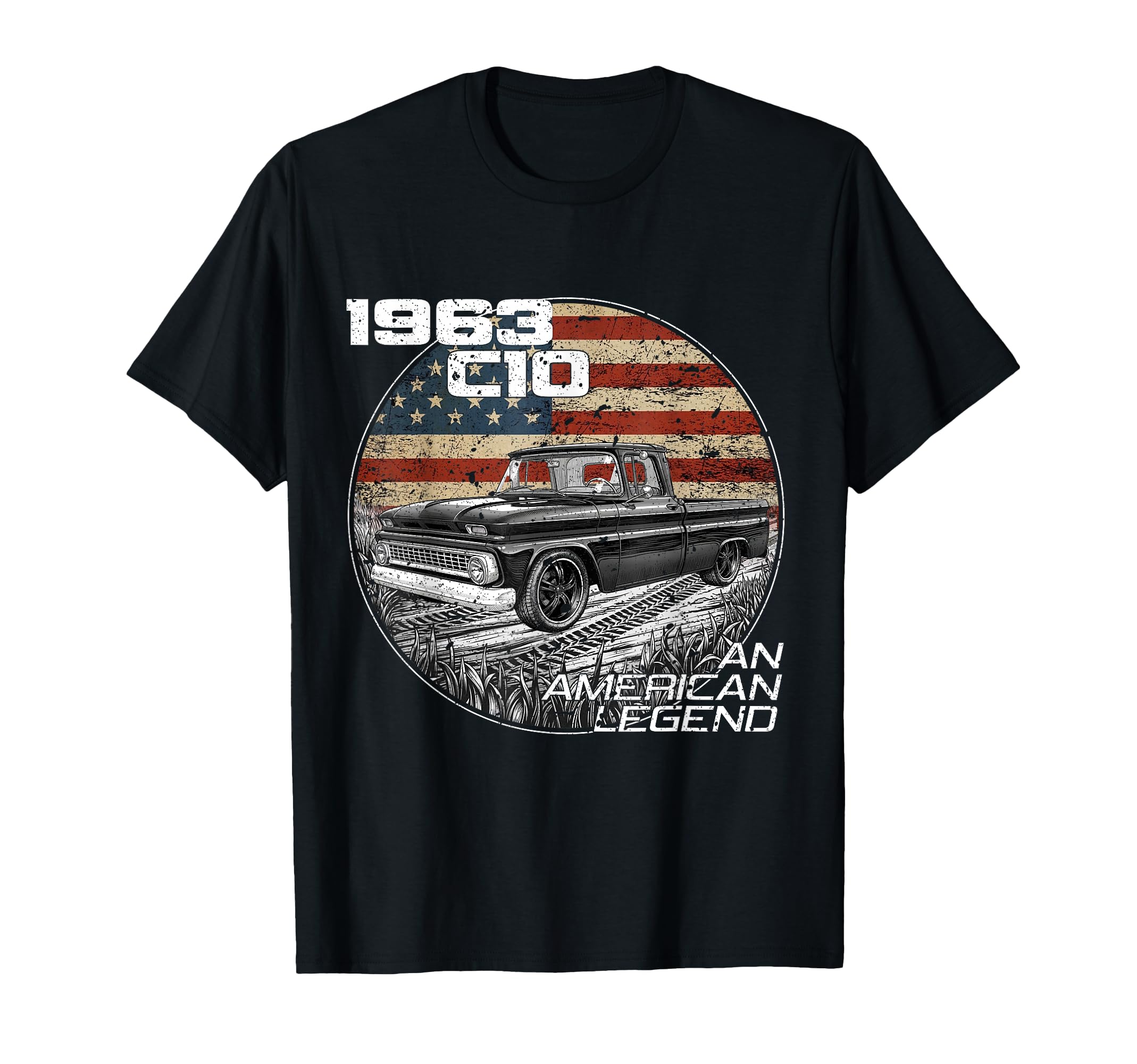 American Flag 1963 C10 63 Truck Silhouette T-Shirt - Unique Graphic Unisex - T-Shirt, Sweatshirt, Hoodie