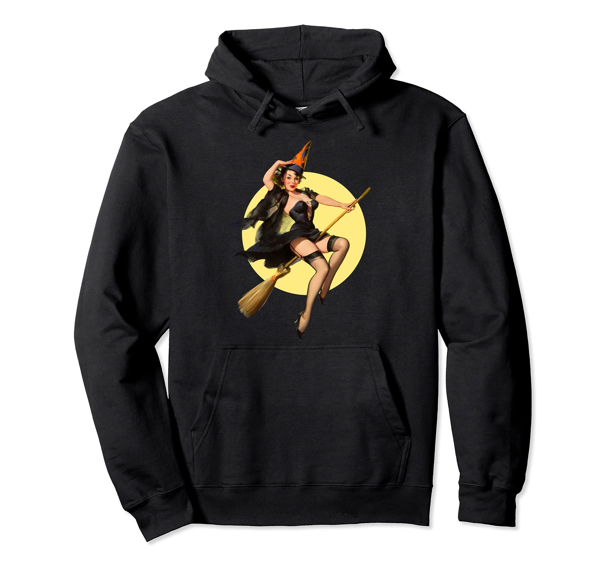 Pinup Witch Witches Broom Halloween Pin Up Hoodie - Unique Graphic Unisex - T-Shirt, Sweatshirt, Hoodie