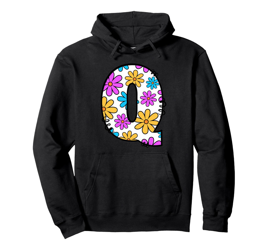Letter Q Floral Daisy Alphabet Hoodie - Unique Graphic Men Women - T-Shirt, Sweatshirt, Hoodie
