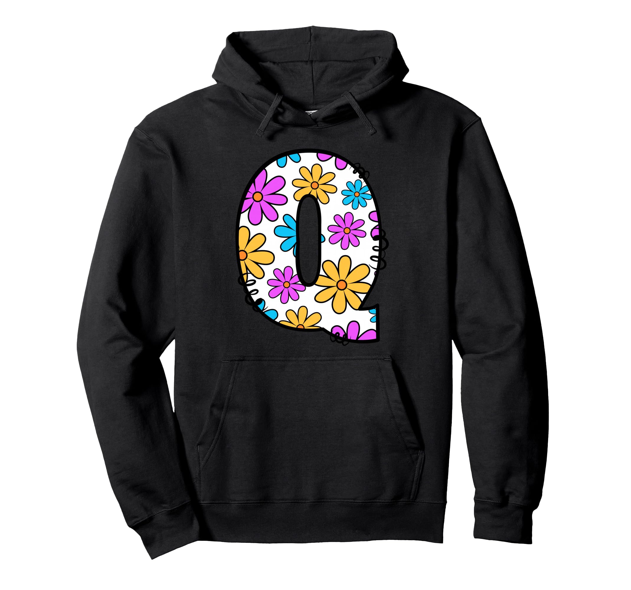 Letter Q Floral Daisy Alphabet Hoodie - Unique Graphic Men Women - T-Shirt, Sweatshirt, Hoodie