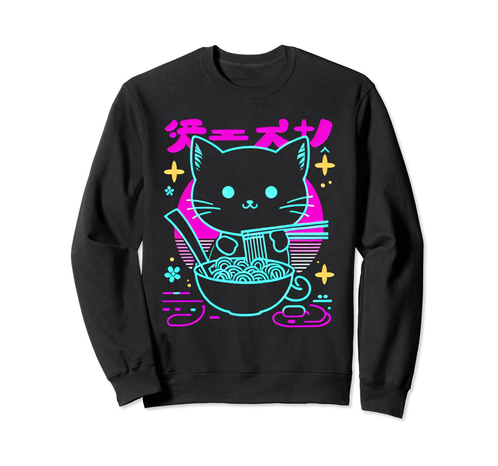 Kawaii Anime Cat Eating Ramen 80S Sweatshirt - Graphic Print for Adults - T-Shirt, Sweatshirt, Hoodie