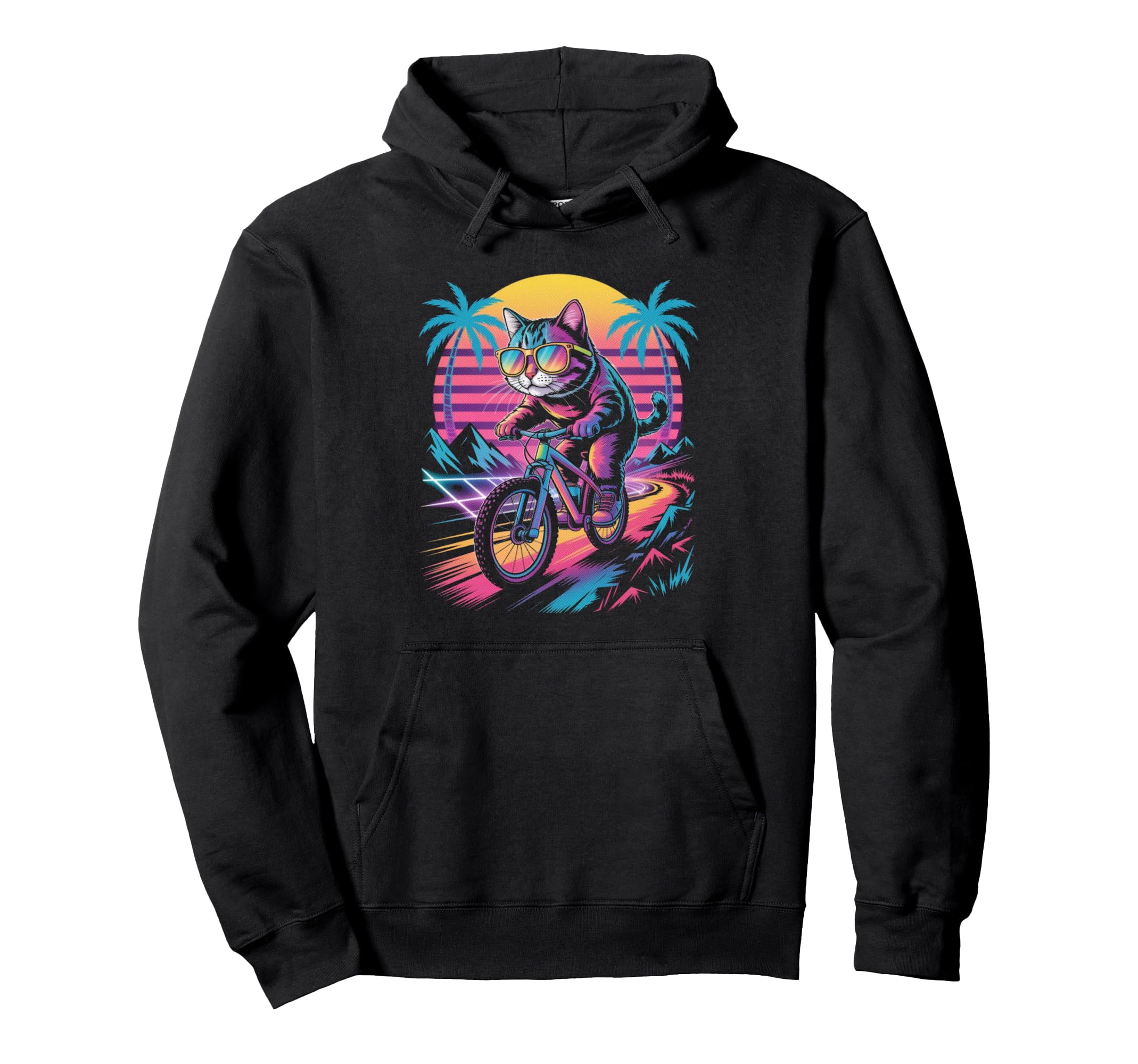 Cat Riding Bicycle Synthwave 80S Sunset Hoodie - Novelty Apparel Unisex - T-Shirt, Sweatshirt, Hoodie