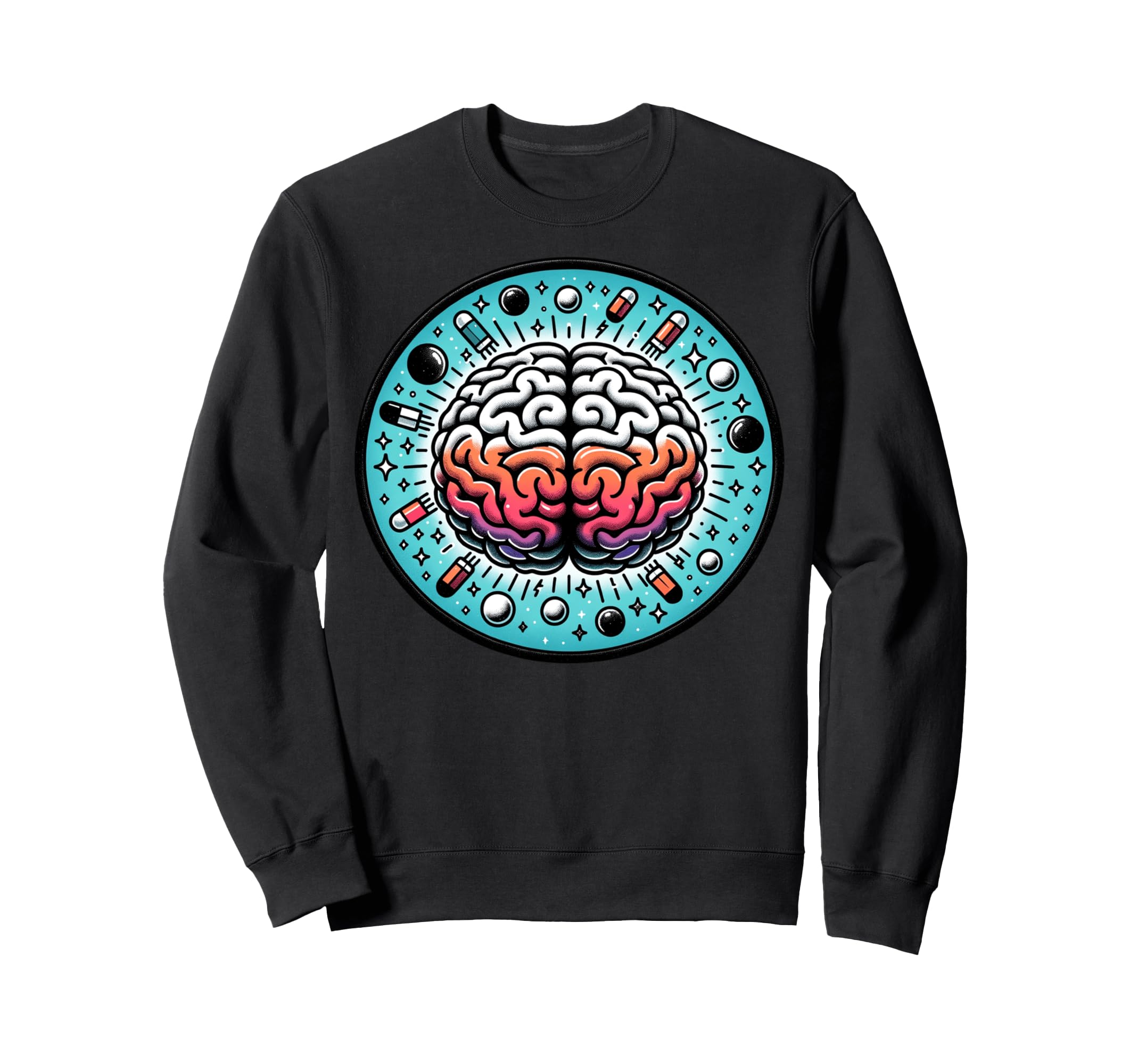 Illustrated Brain Pills And Stars Sweatshirt - Unique Graphic Men Women - T-Shirt, Sweatshirt, Hoodie