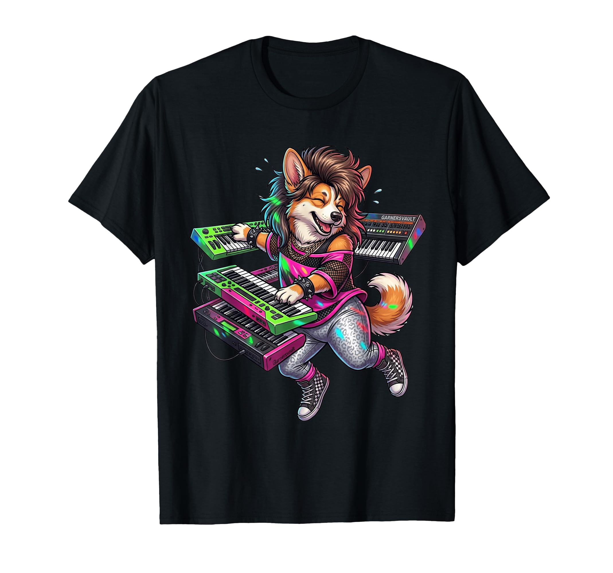 Funny Corgi Dog 80S Rockstar Keyboardist T-Shirt - Minimalist Print Unisex - T-Shirt, Sweatshirt, Hoodie