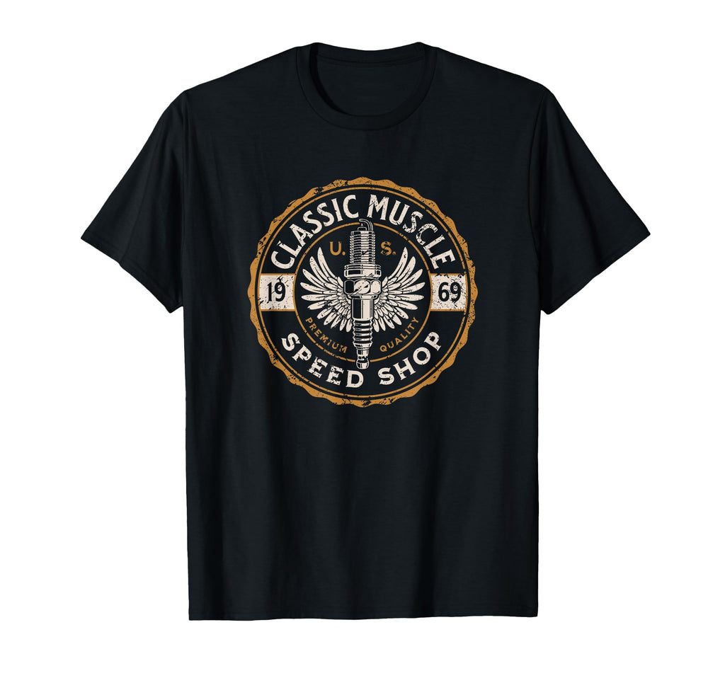 Muscle Car Speed Shop 1969 Spark Plug T-Shirt - Novelty Apparel for Adults - T-Shirt, Sweatshirt, Hoodie