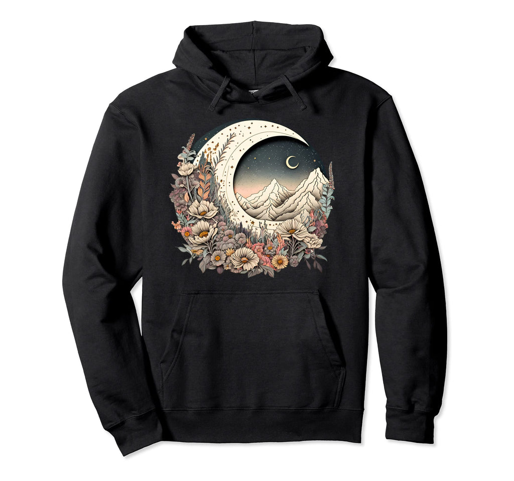 Floral Moon And Mountain Aesthetic Hoodie - Novelty Apparel for Adults - T-Shirt, Sweatshirt, Hoodie