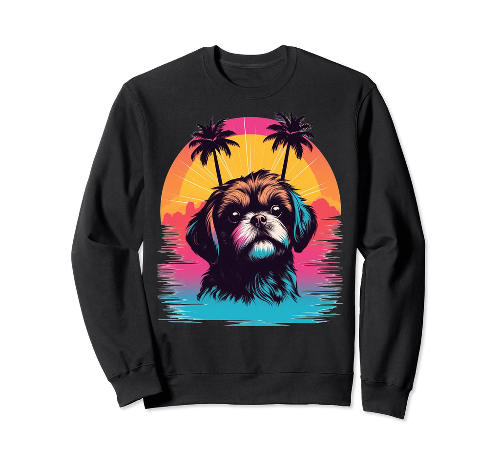 Shih Tzu 80S Synthwave Sunset Sweatshirt - Unique Graphic for Adults - T-Shirt, Sweatshirt, Hoodie