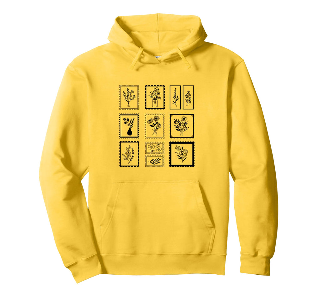 Whimsical Flower Postage Stamps Hoodie - Trendy Graphic for Adults - T-Shirt, Sweatshirt, Hoodie
