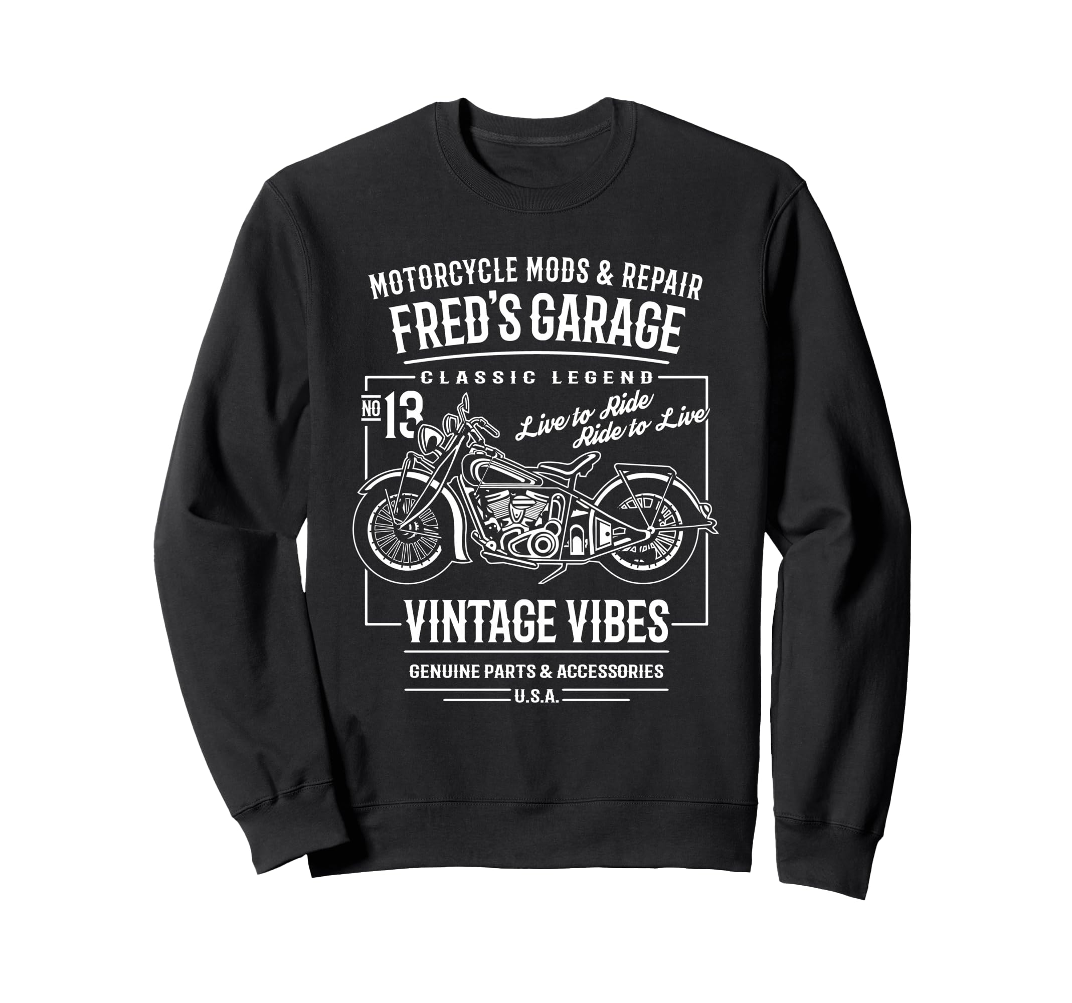 Freds Garage Motorcycle Name Sweatshirt - Fun Novelty Design for Adults - T-Shirt, Sweatshirt, Hoodie