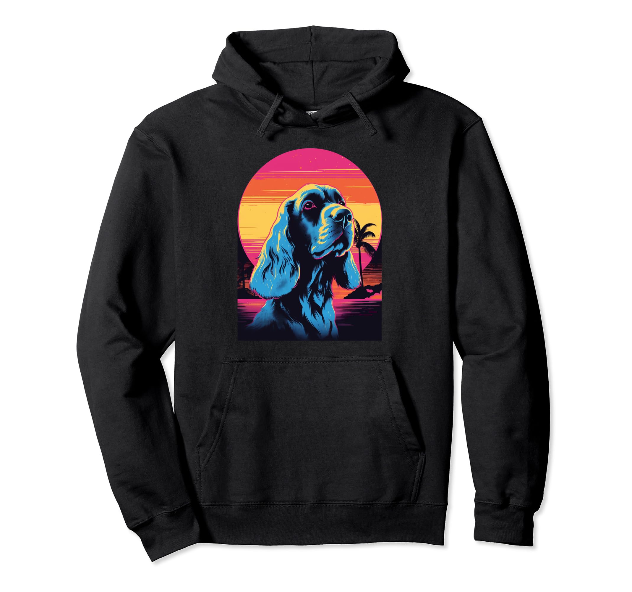 Basset Hound 80S Synthwave Sunset Hoodie - Fun Novelty Design for Adults - T-Shirt, Sweatshirt, Hoodie
