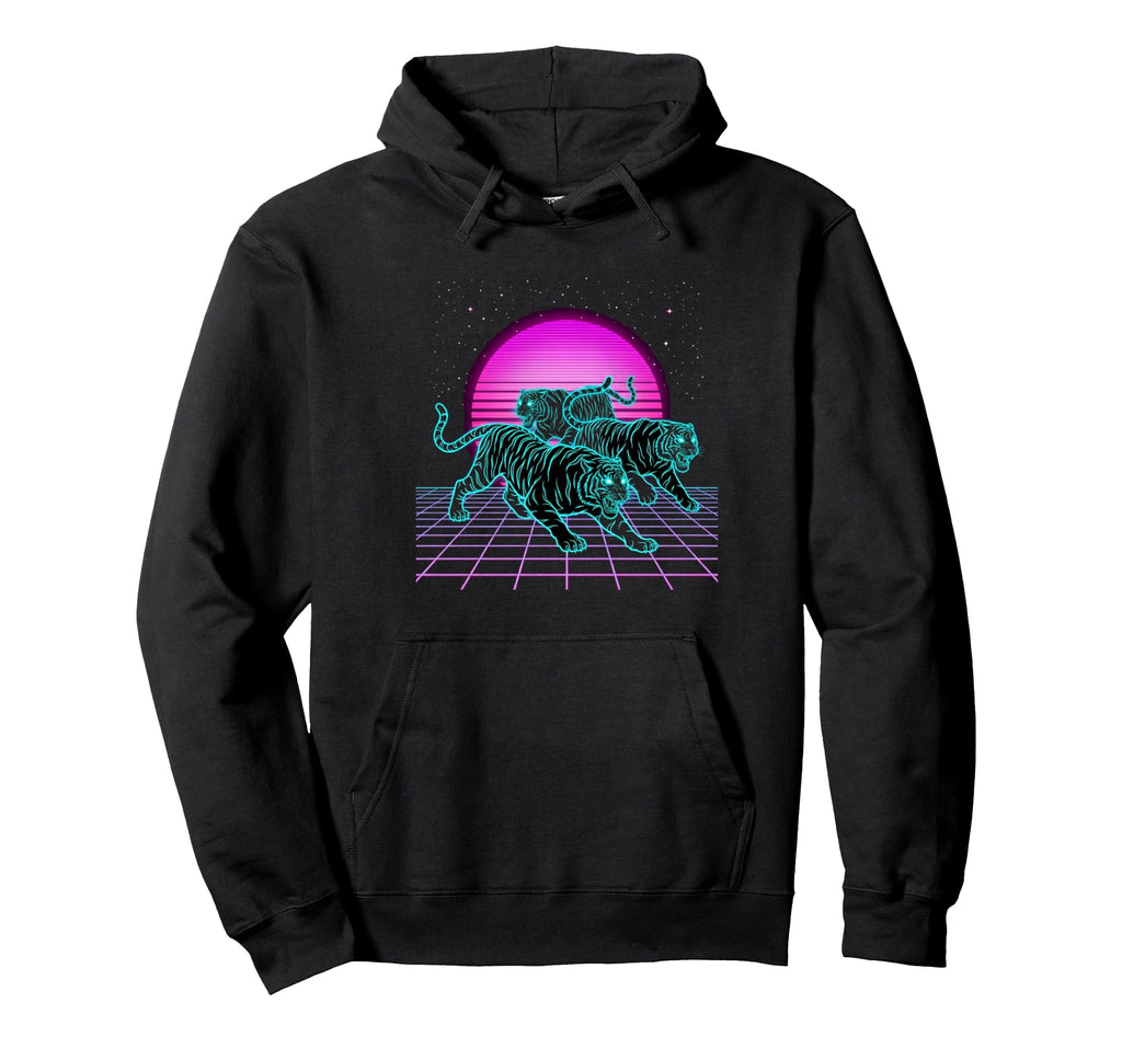 Three Running Tigers Retrowave Hoodie - Fun Novelty Design for Adults - T-Shirt, Sweatshirt, Hoodie