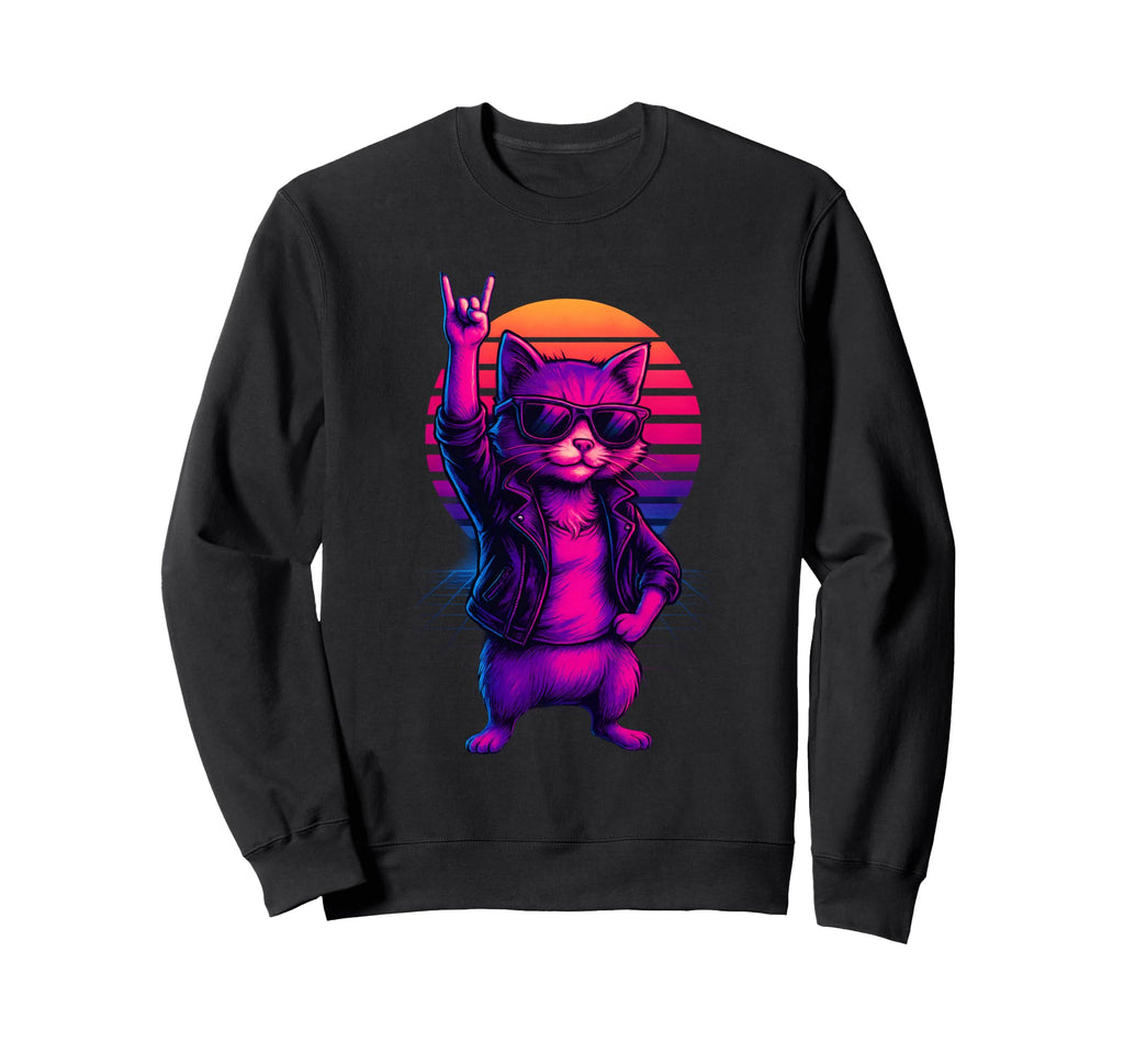 Synthwave Tomcat Cat 80S Rock Sunset Sweatshirt - Unique Graphic Unisex - T-Shirt, Sweatshirt, Hoodie