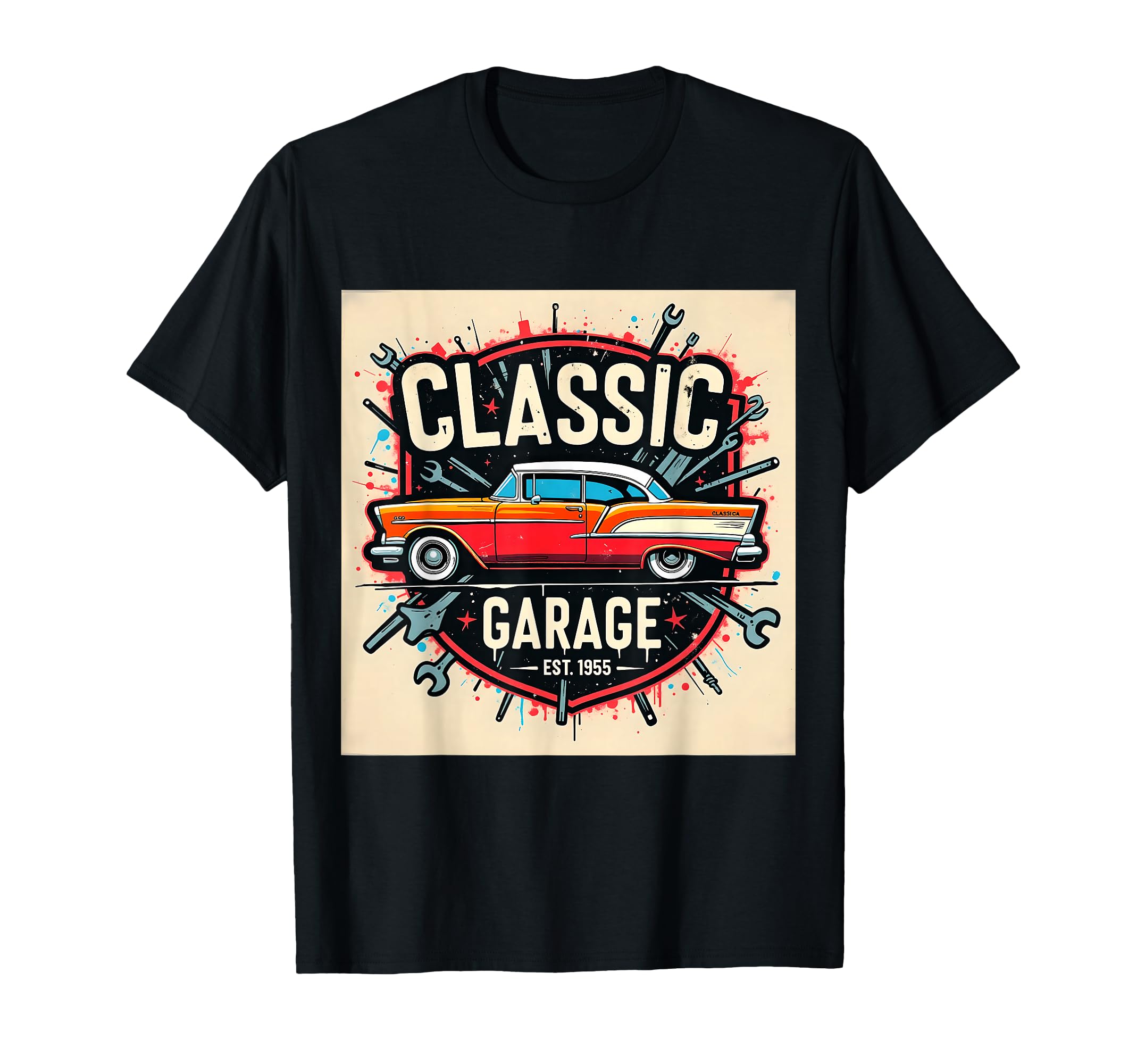 Garage Car Illustration T-Shirt - Graphic Print Unisex - T-Shirt, Sweatshirt, Hoodie