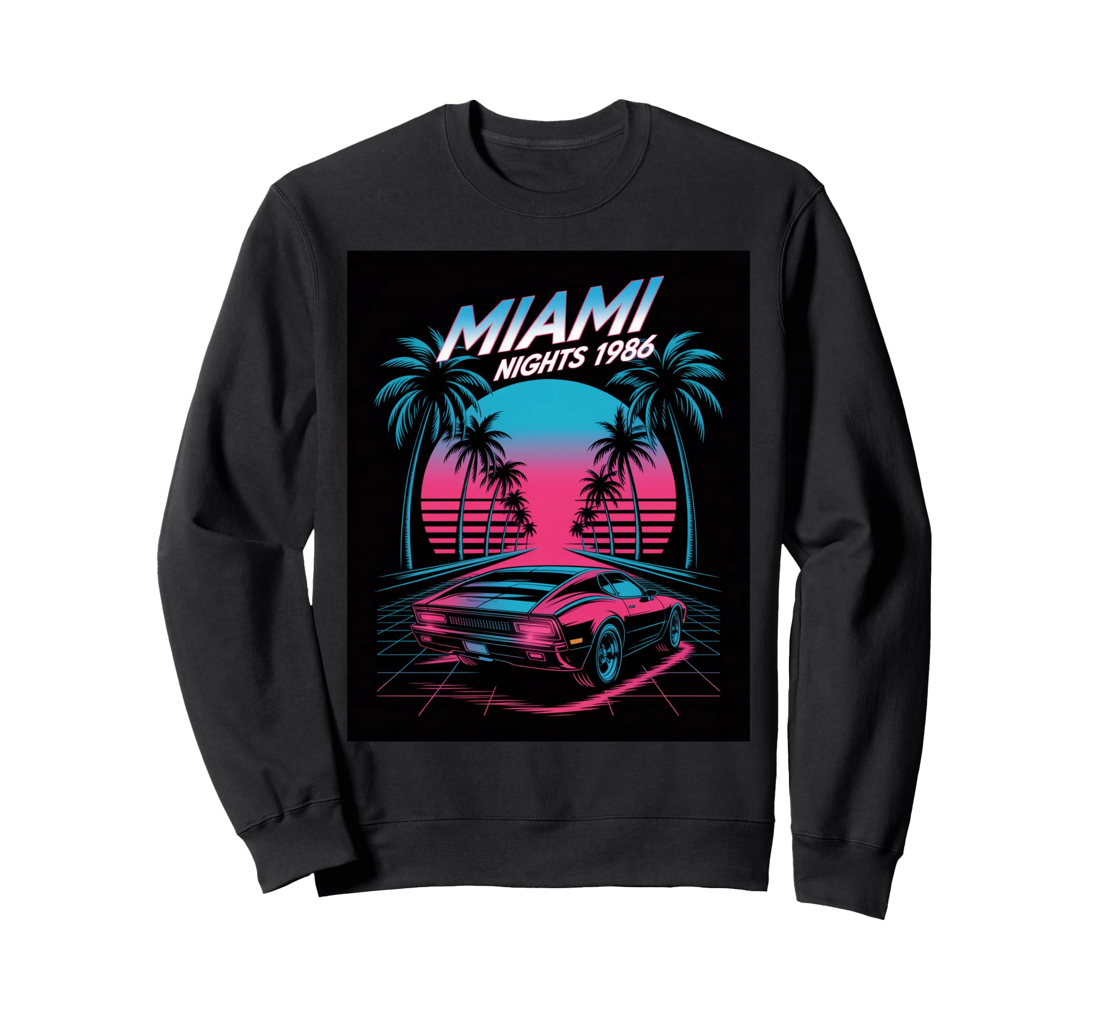 Miami Nights 1986 Synthwave Sunset Sweatshirt - Fun Novelty Design Unisex - T-Shirt, Sweatshirt, Hoodie