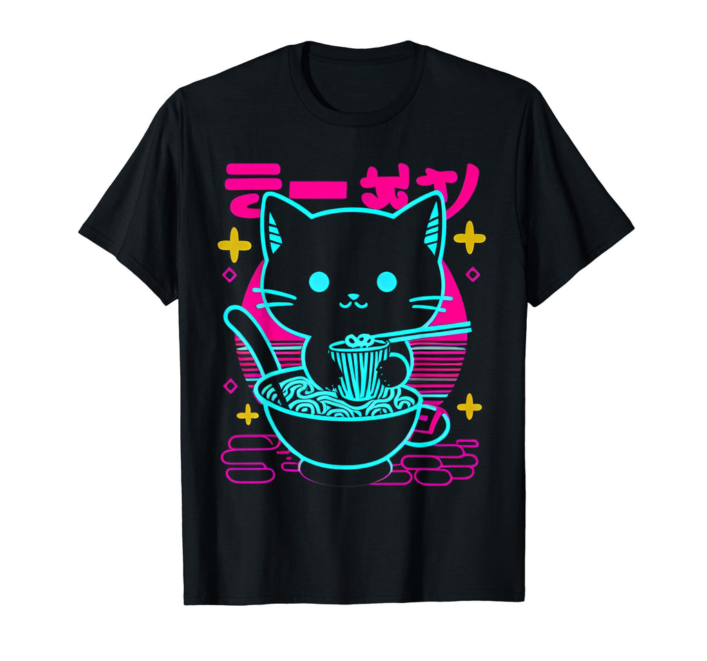 Kawaii Anime Cat Eating Ramen 80S T-Shirt - Graphic Print for Adults - T-Shirt, Sweatshirt, Hoodie
