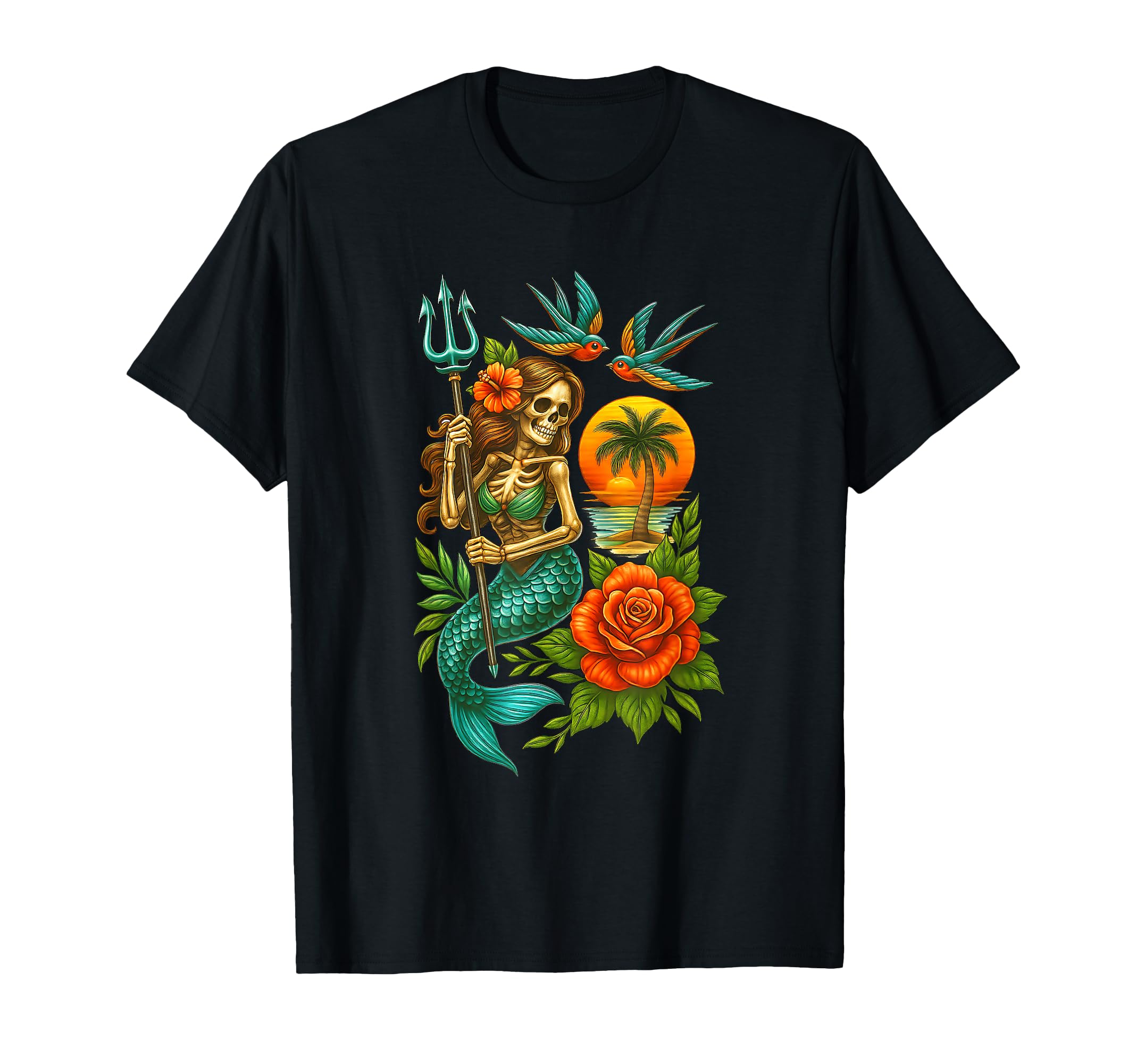 Mermaid Skeleton Traditional Tattoo T-Shirt - Casual Everyday Wear Unisex - T-Shirt, Sweatshirt, Hoodie