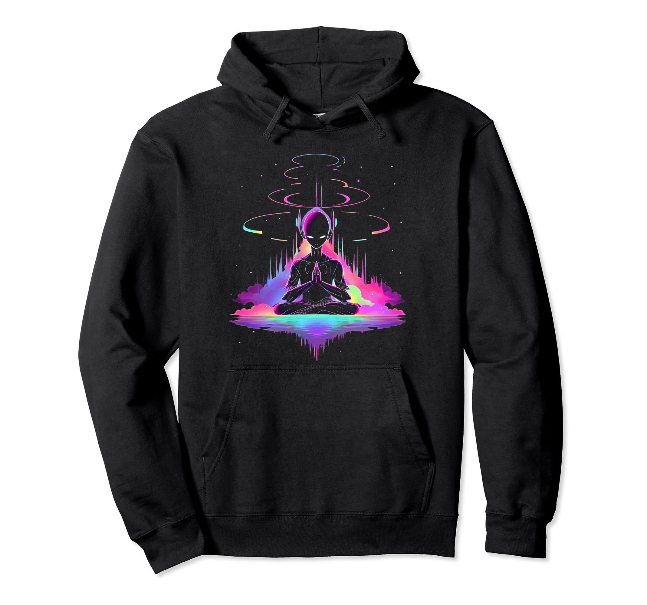Synthwave Alien Buddha Cyberpunk 80S Hoodie - Unique Graphic for Adults - T-Shirt, Sweatshirt, Hoodie