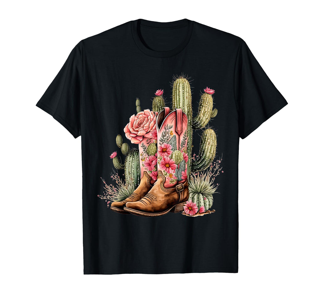 Cowgirl Boots Floral Cactus Western Flower T-Shirt - Unique Graphic Unisex - T-Shirt, Sweatshirt, Hoodie