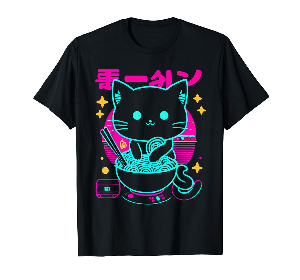 Kawaii Anime Cat Eating Ramen 80S T-Shirt - Streetwear Style Men Women - T-Shirt, Sweatshirt, Hoodie