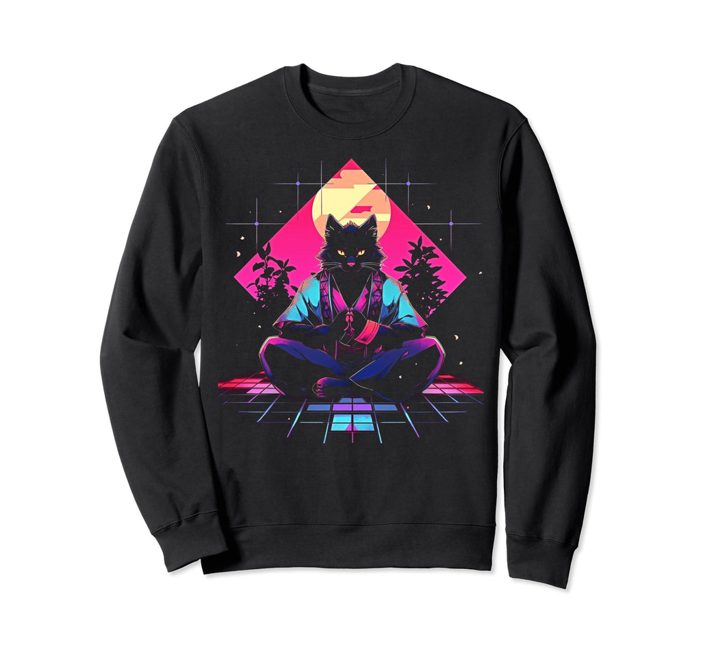 Synthwave Cat Samurai Mediation Sweatshirt - Minimalist Print Unisex - T-Shirt, Sweatshirt, Hoodie