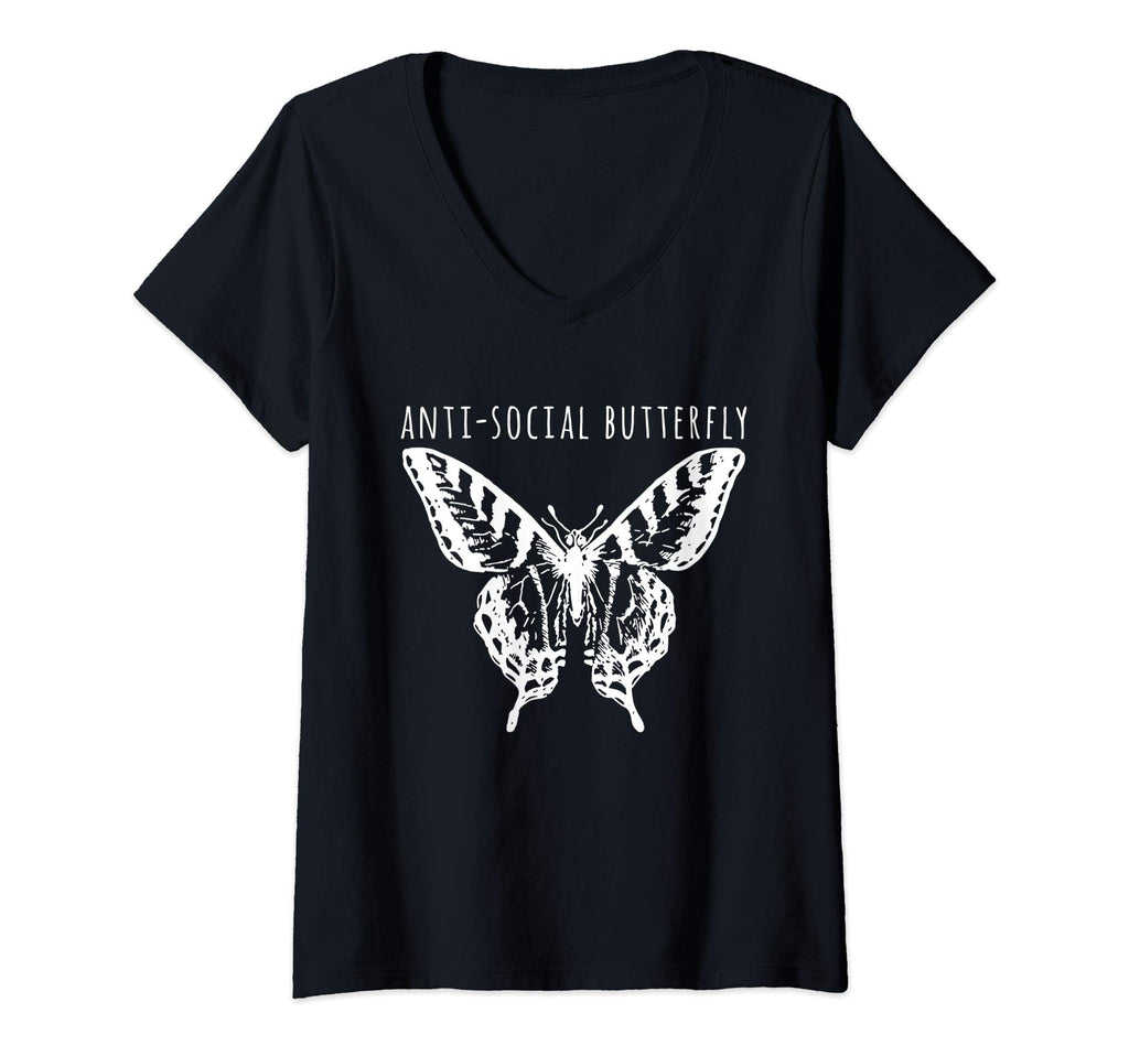 Womens Anti Social Butterfly V Neck T-Shirt - Fun Novelty Design for Adults - T-Shirt, Sweatshirt, Hoodie
