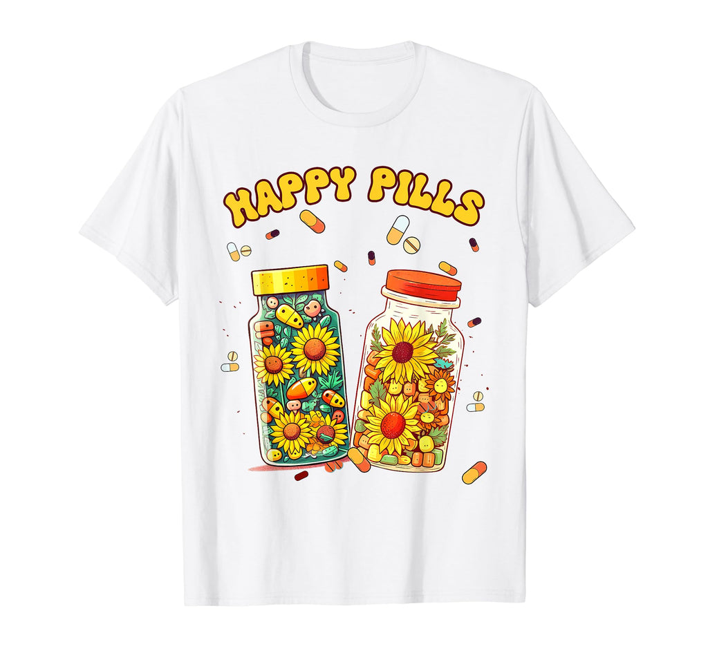 Happy Pills Medicine Sunflower Mental T-Shirt - Unique Graphic for Adults - T-Shirt, Sweatshirt, Hoodie