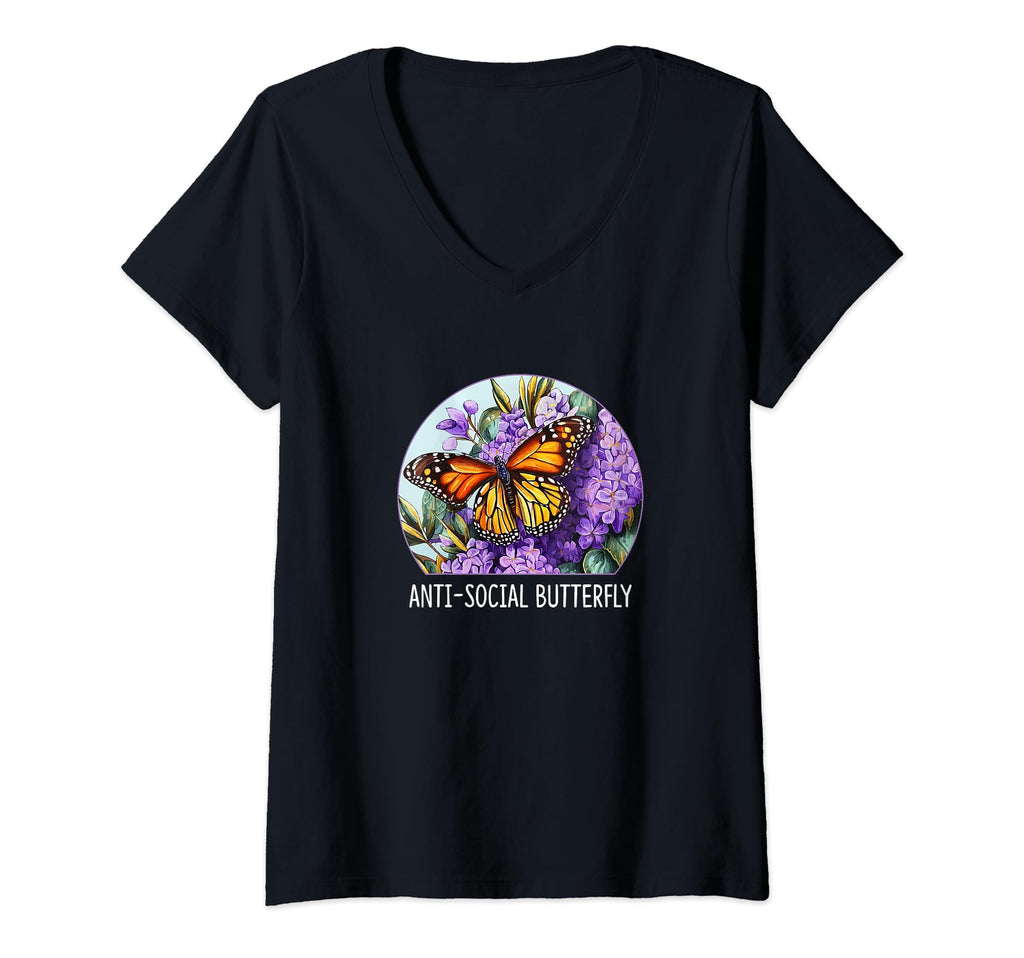 Womens Anti Social Butterfly V Neck T-Shirt - Streetwear Style Unisex - T-Shirt, Sweatshirt, Hoodie