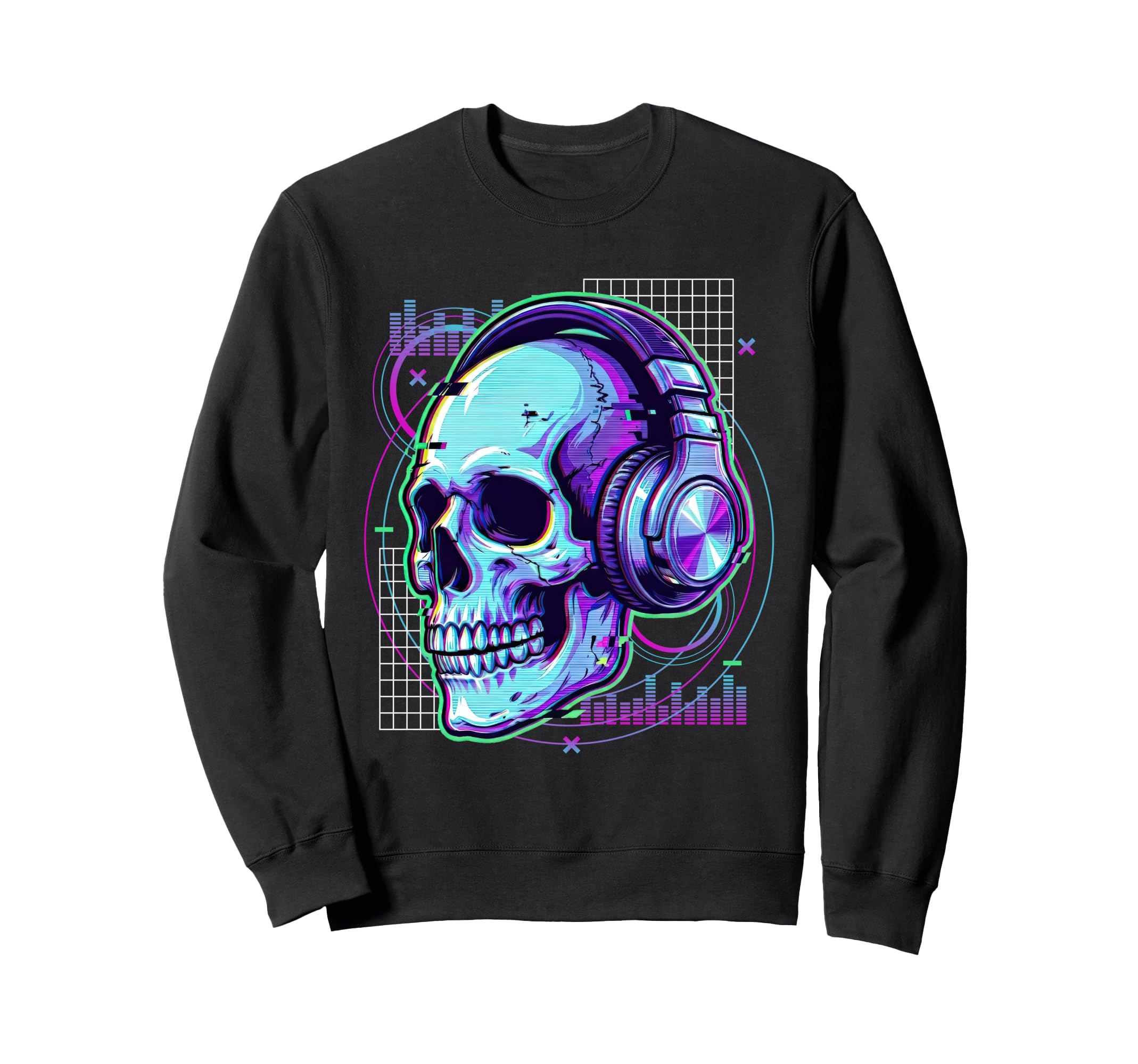 Rave Dj Skull Glitch Synthwave Edm Sweatshirt - Streetwear Style Unisex - T-Shirt, Sweatshirt, Hoodie