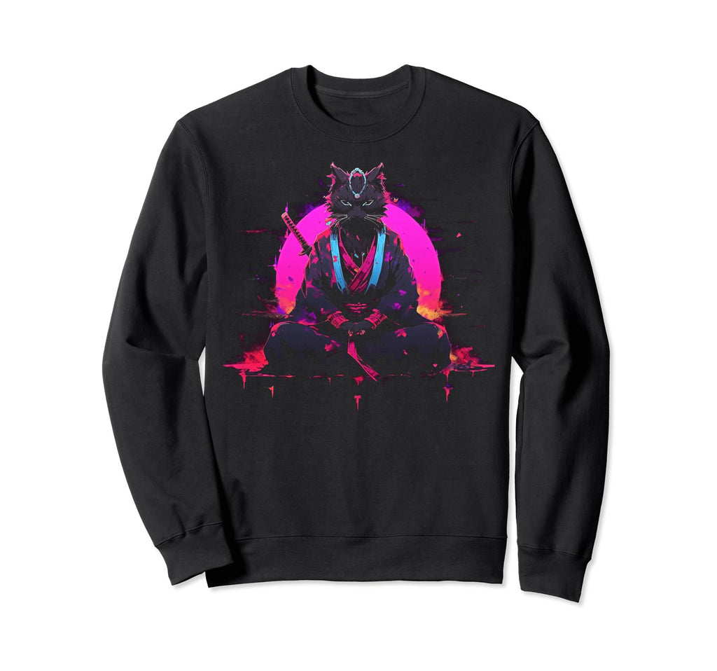 Synthwave Cat Samurai Mediation Sweatshirt - Fun Novelty Design for Adults - T-Shirt, Sweatshirt, Hoodie